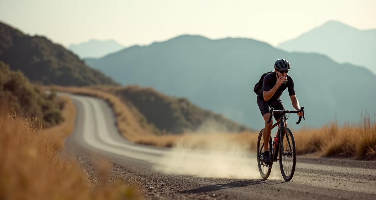 Ciclista de gravel sube un camino de ripio en Aysén comiendo una barra energética, con mochila de hidratación
